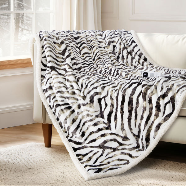 blunique - Zebra Print - Cozy Soft Fleece Sherpa - Fast Heated Blanket Electric Throw 50''x60''