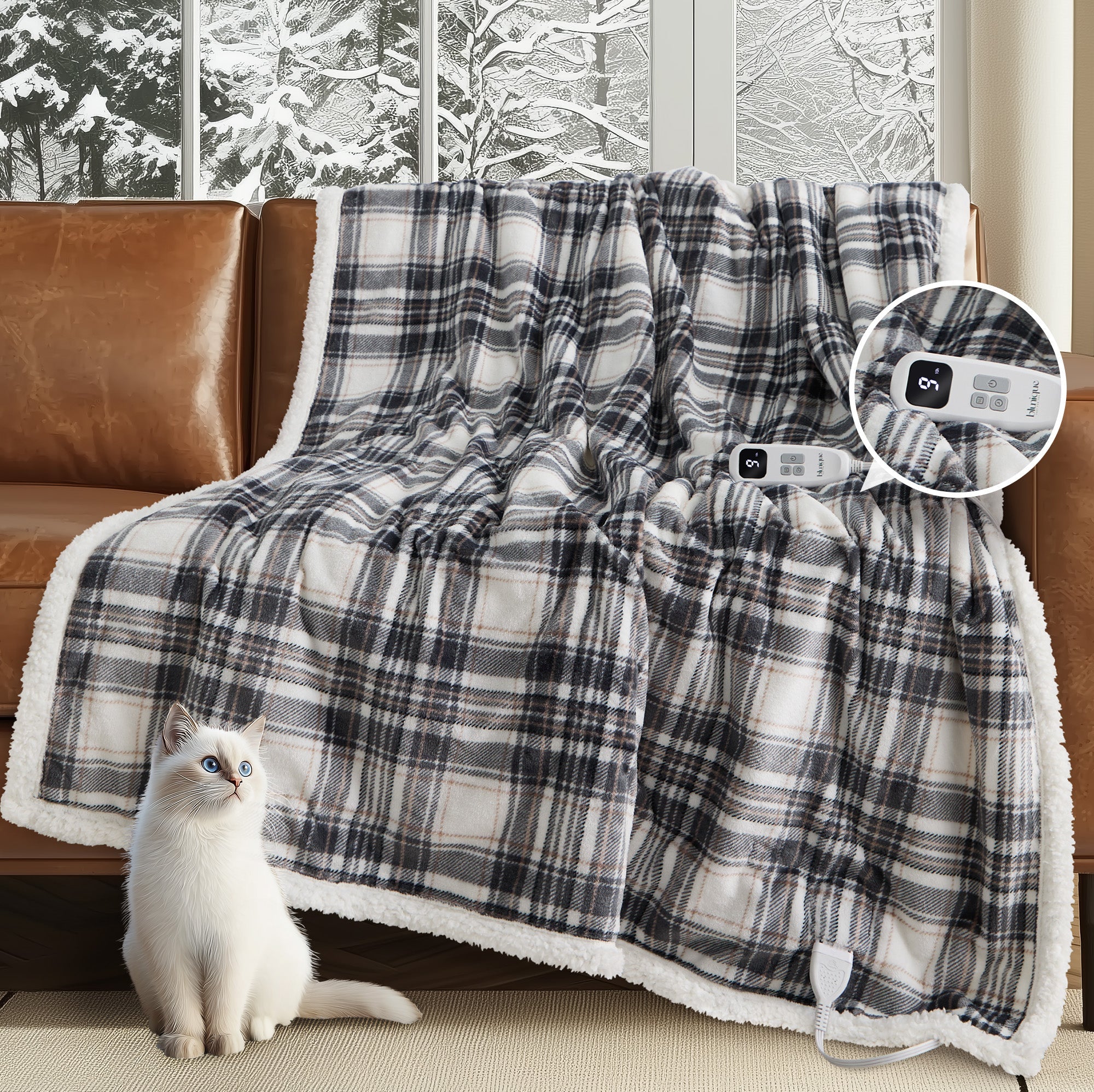 blunique - Ultra Soft Cozy Plaid Flannel - Fast Heated Blanket Electric Throw 50''x60'' - Blunique