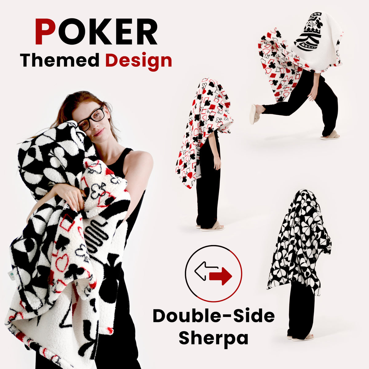 blunique - Poker Themed Design - Double Sided Cozy Sherpa  Throw Blanket