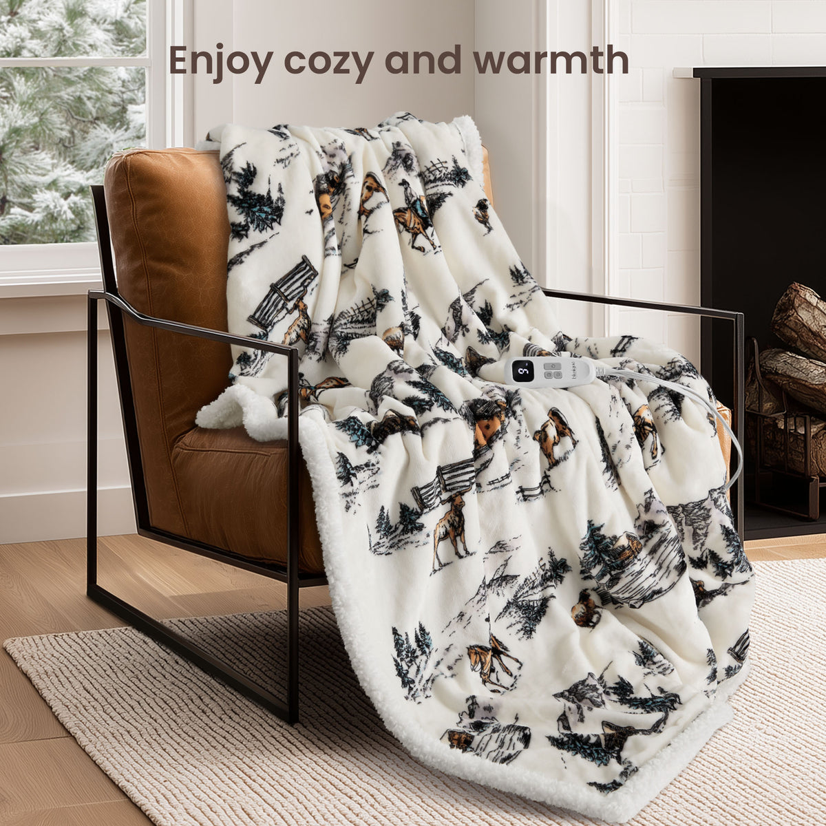 blunique - Farm Print - Cozy Soft Fleece Sherpa - Fast Heated Blanket Electric Throw 50''x60''