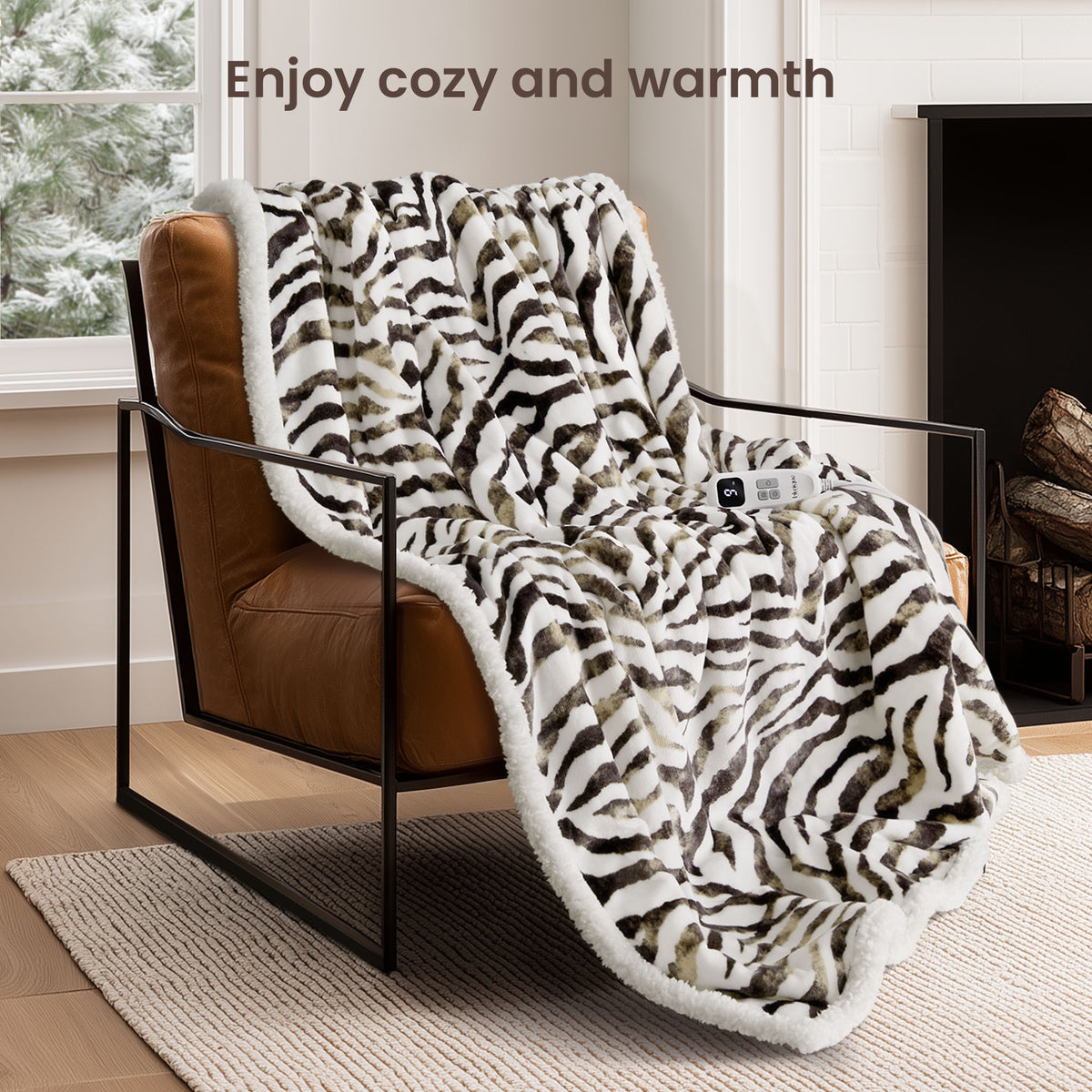 blunique - Zebra Print - Cozy Soft Fleece Sherpa - Fast Heated Blanket Electric Throw 50''x60''