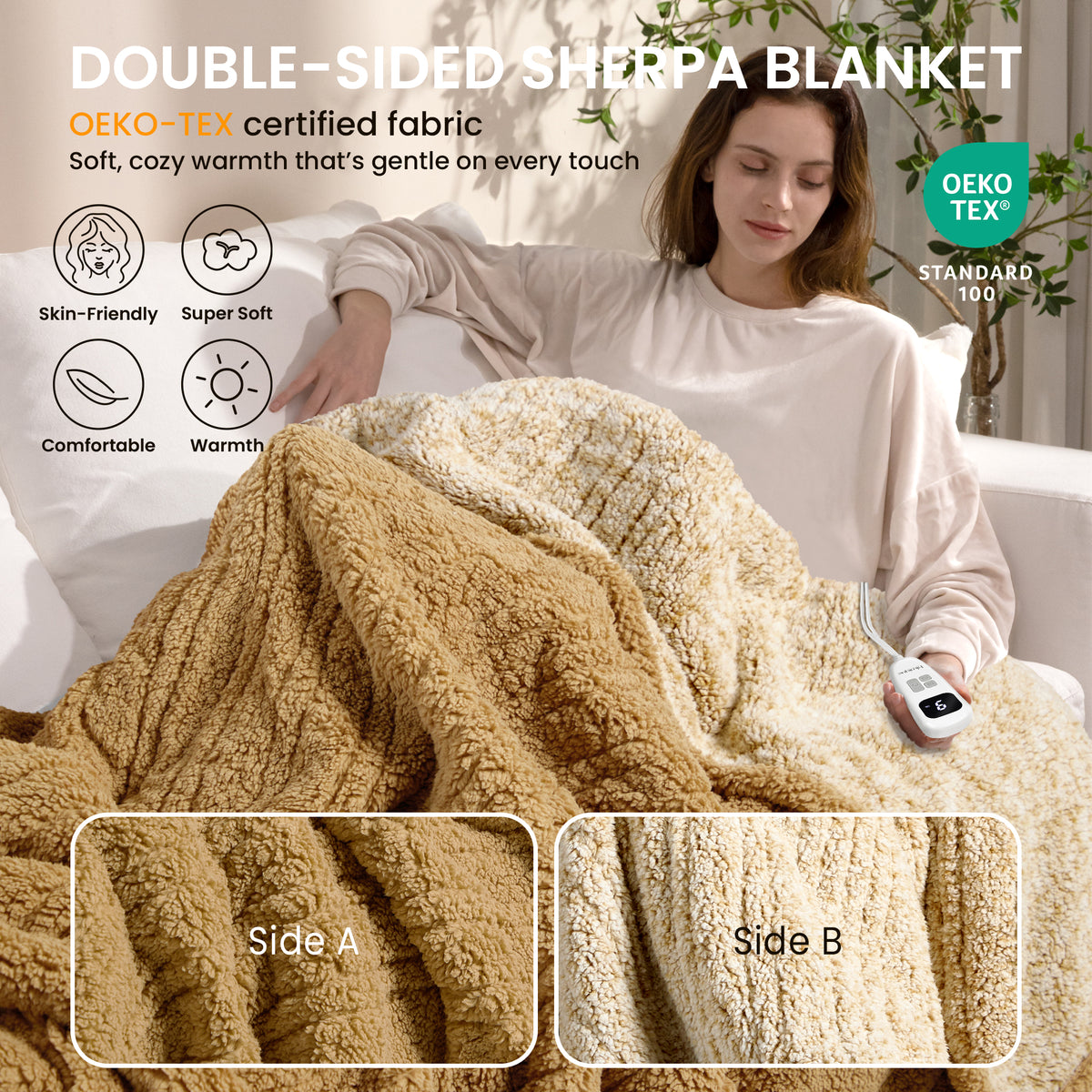 blunique -  Double Sided Cozy Sherpa - Two-Tone -Fast Heated Blanket Electric Blanket