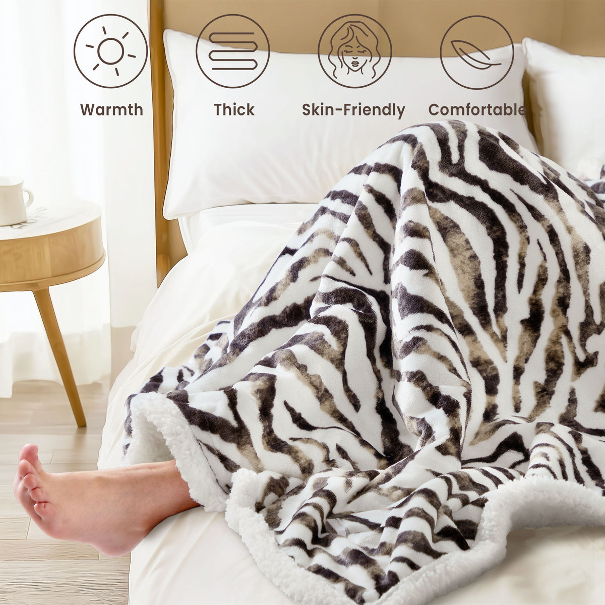 blunique - Zebra Print - Cozy Soft Fleece Sherpa - Fast Heated Blanket Electric Throw 50''x60''