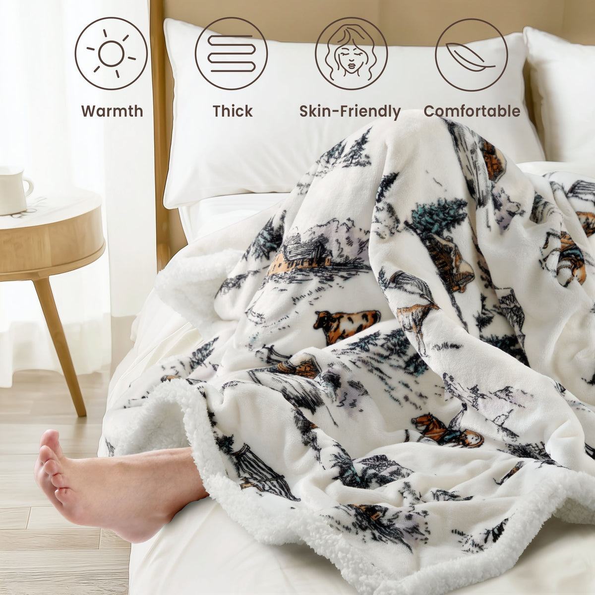 blunique - Farm Print - Cozy Soft Fleece Sherpa - Fast Heated Blanket Electric Throw 50''x60''