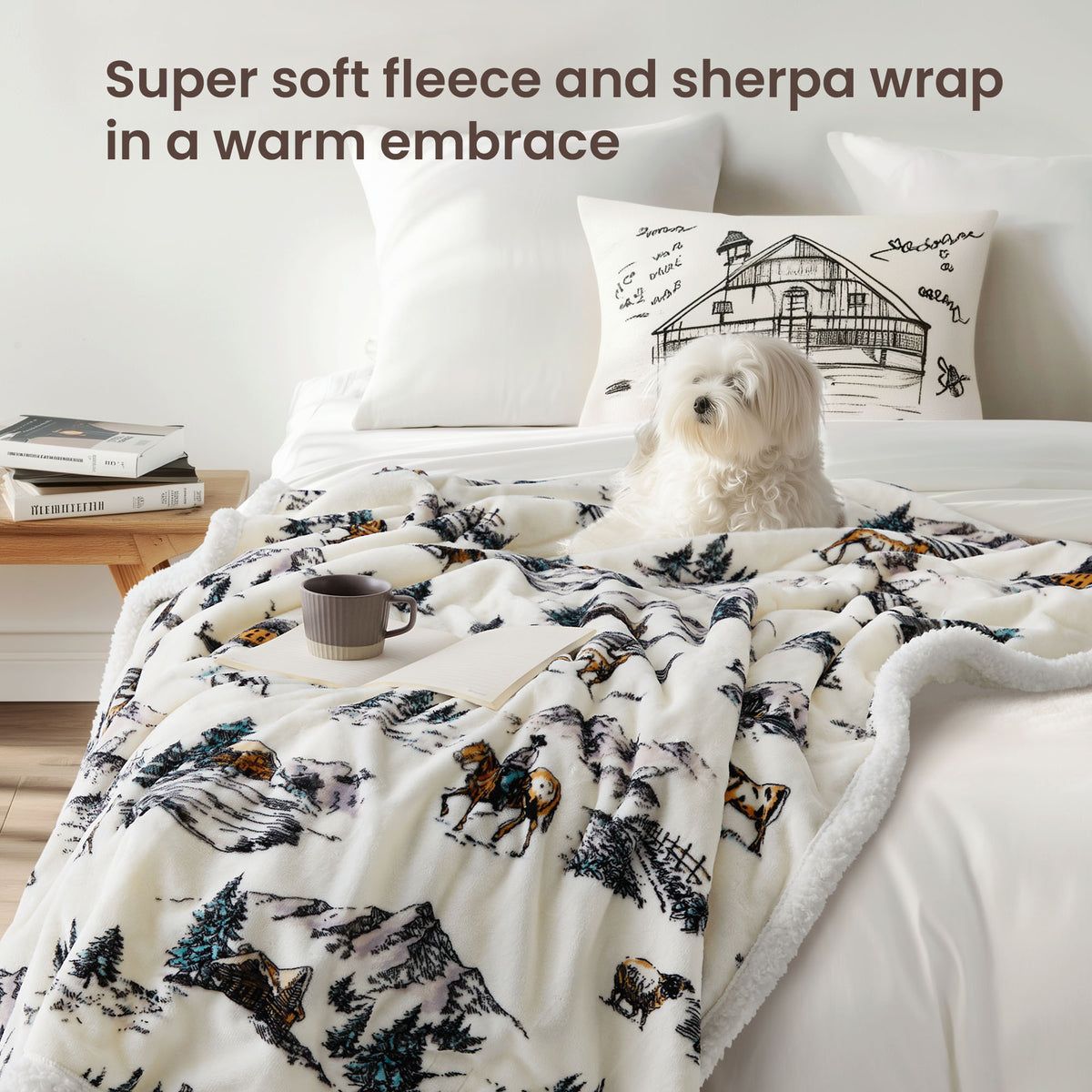 blunique - Farm Print - Cozy Soft Fleece Sherpa - Fast Heated Blanket Electric Throw 50''x60''