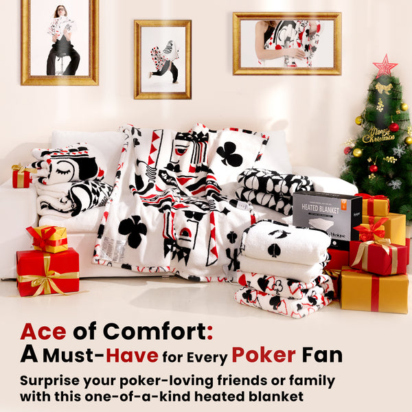 blunique - Poker Themed Design - Double Sided Cozy Sherpa - Fast Heated Blanket Electric Blanket