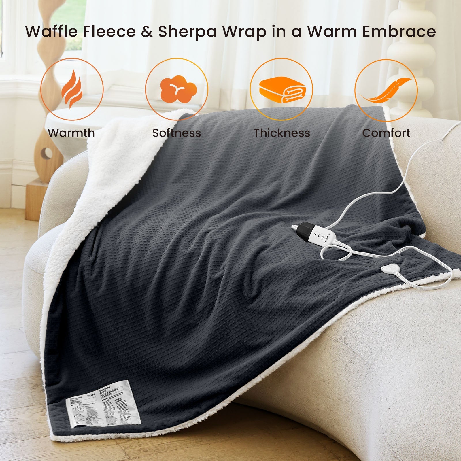 blunique - Waffle Sherpa Heated Blanket Throw Size - Blunique