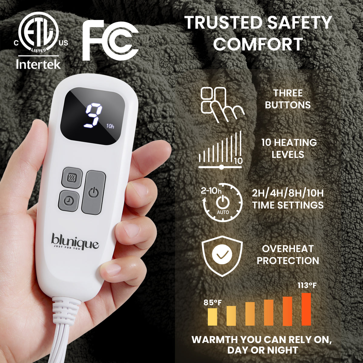 blunique -  Double Sided Cozy Sherpa - Fast Heated Blanket Electric Blanket