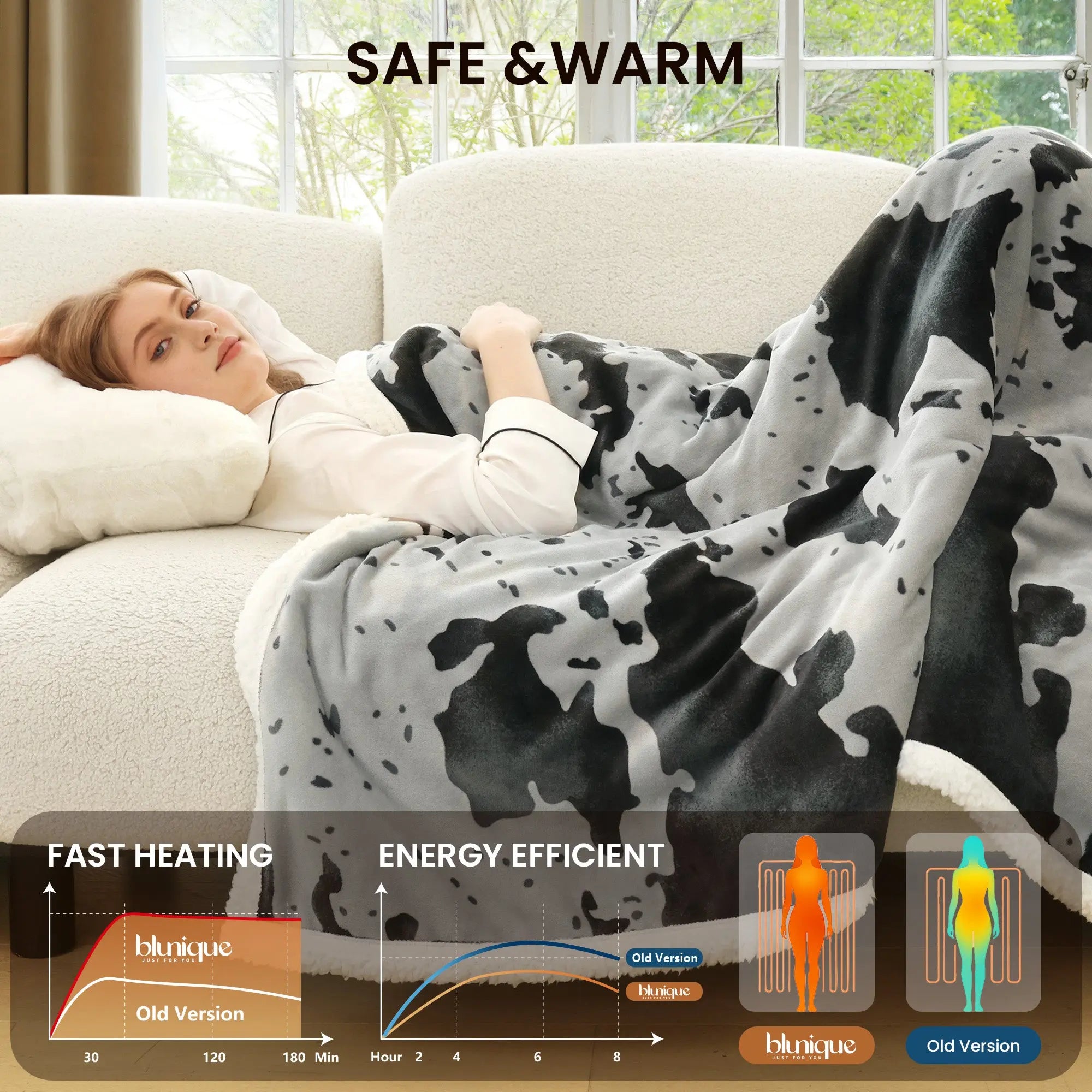 blunique - Cow Print Electric Heated Throw & Blanket blunique