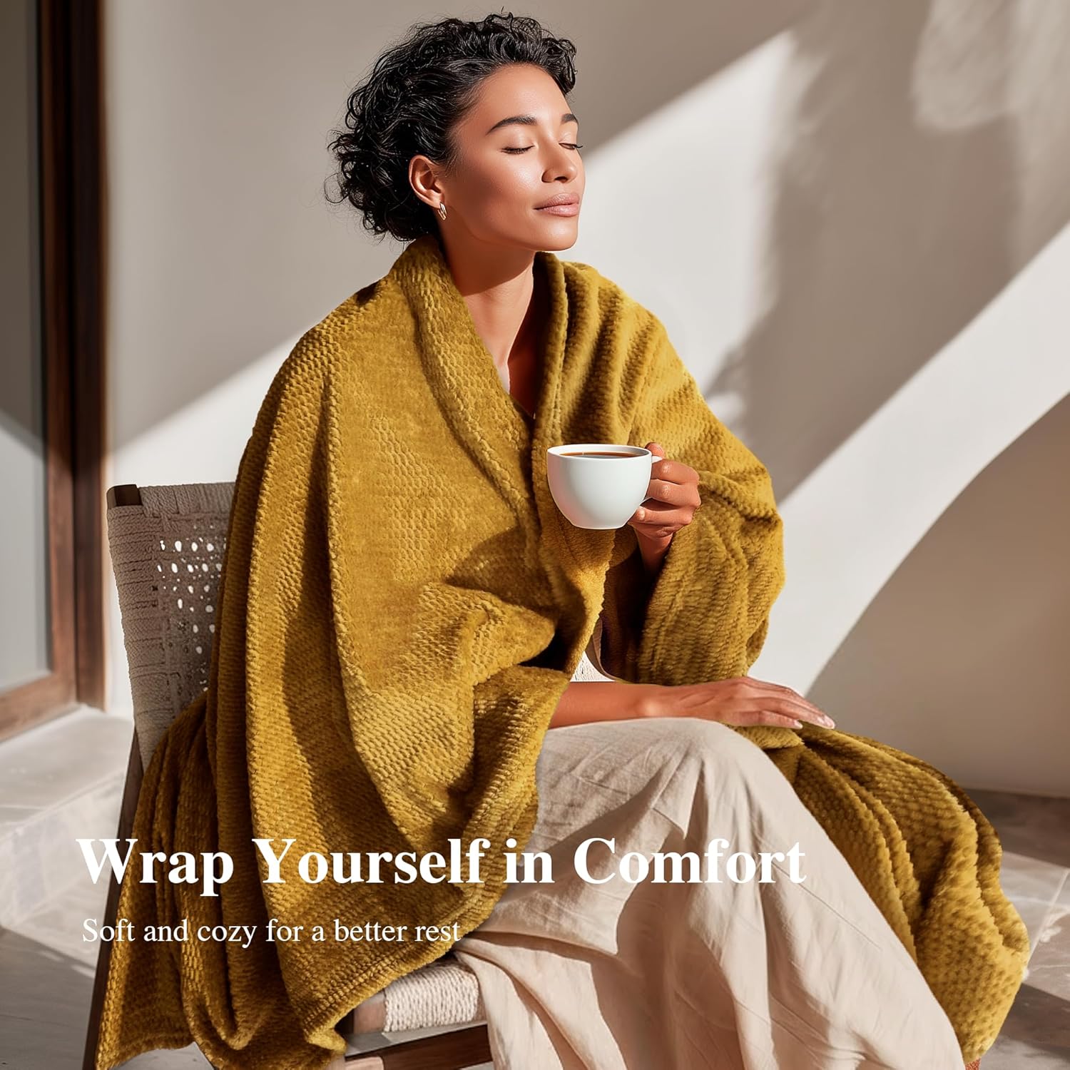 Fleece Throw Blanket for Couch Plush Warm Blankets for Bed, Fuzzy Cozy Flannel Blanket Throw for Sofa, Travel Jacquard Pattern Yellow 51x63 Inches - blunique