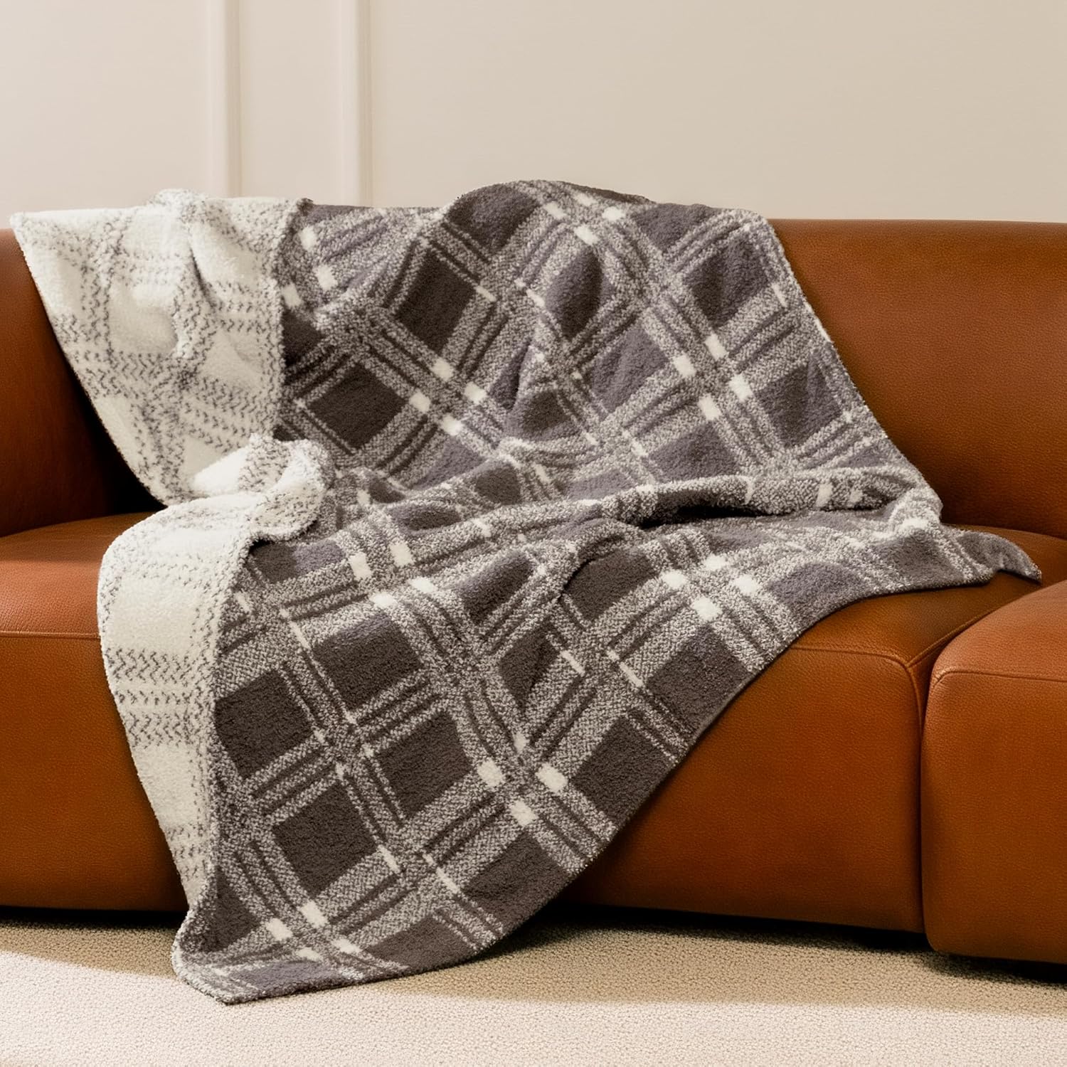 Reversible Plaid Throw Blanket for Couch, Super Soft Cozy Warm Knit Netural Decorative Fluffy Throw Blankets, Microfiber Throws Blanket for Sofa Bed Chair Living Room, 50x72 Inches Dark Taupe - Blunique