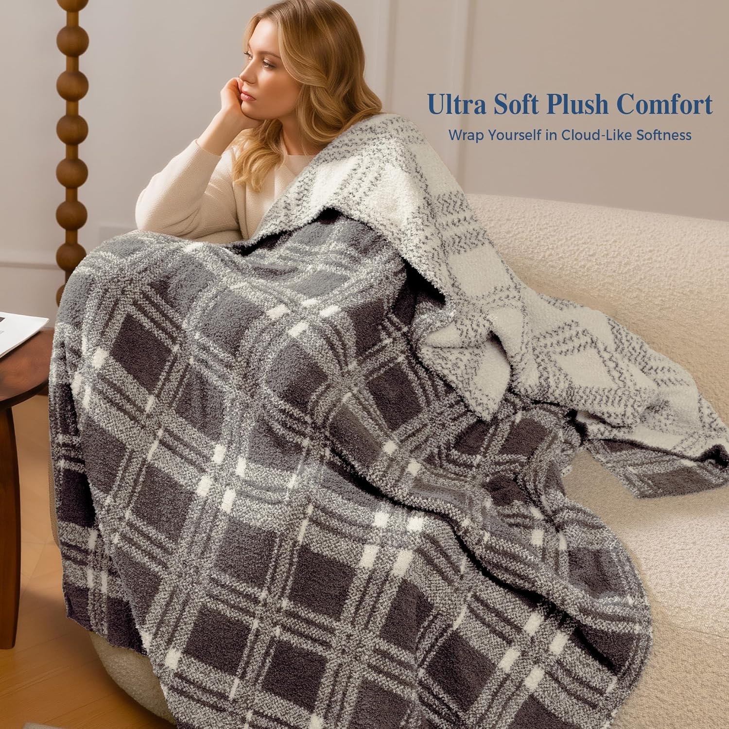 Reversible Plaid Throw Blanket for Couch, Super Soft Cozy Warm Knit Netural Decorative Fluffy Throw Blankets, Microfiber Throws Blanket for Sofa Bed Chair Living Room, 50x72 Inches Dark Taupe - Blunique