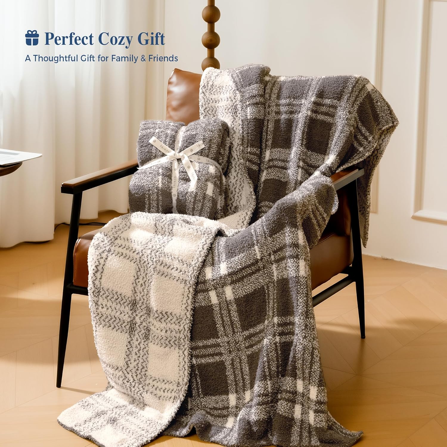 Reversible Plaid Throw Blanket for Couch, Super Soft Cozy Warm Knit Netural Decorative Fluffy Throw Blankets, Microfiber Throws Blanket for Sofa Bed Chair Living Room, 50x72 Inches Dark Taupe - Blunique