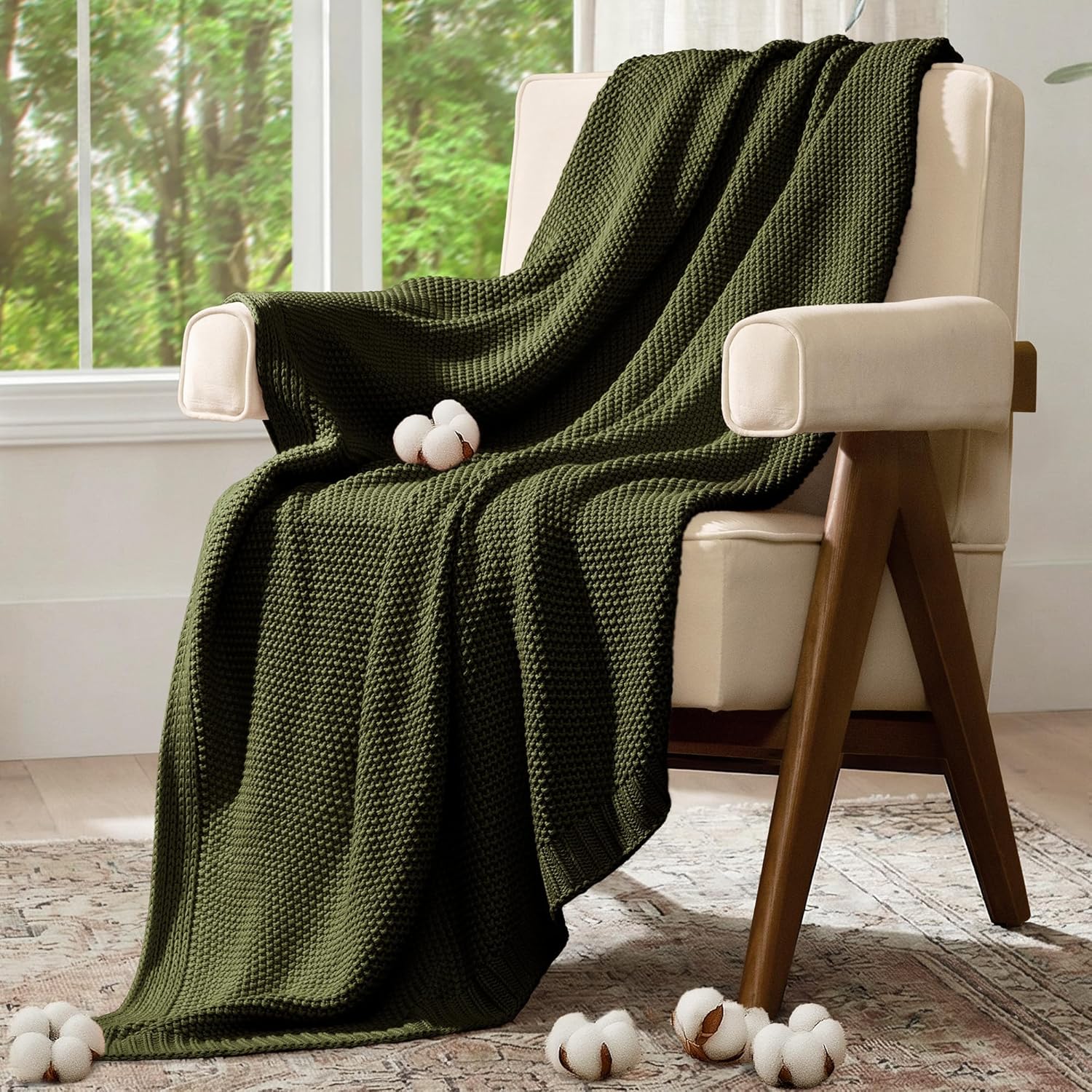 100% Cotton Cable Knit Throw Blanket, Lightweight Soft Knit Blanket for Sofa Couch Bed, Breathable All-Season Throw, Cozy Decorative Blanket, 50 x 60 Inch,Olive Green - blunique