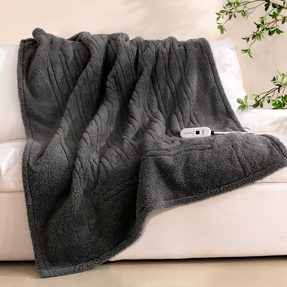 blunique -  Double Sided Cozy Sherpa Heated Throw Blanket 50x60inch Dark Grey