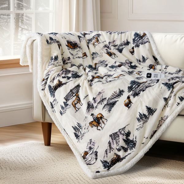 blunique - Farm Print - Cozy Soft Fleece Sherpa - Fast Heated Blanket Electric Throw 50''x60''