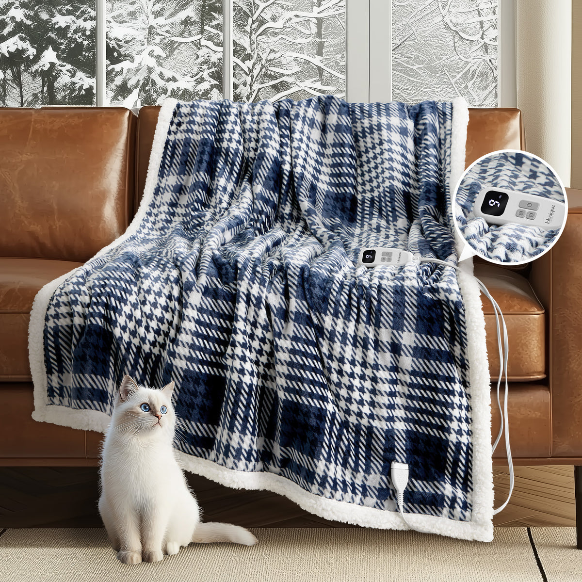 blunique - Ultra Soft Cozy Plaid Flannel - Fast Heated Blanket Electric Throw 50''x60''