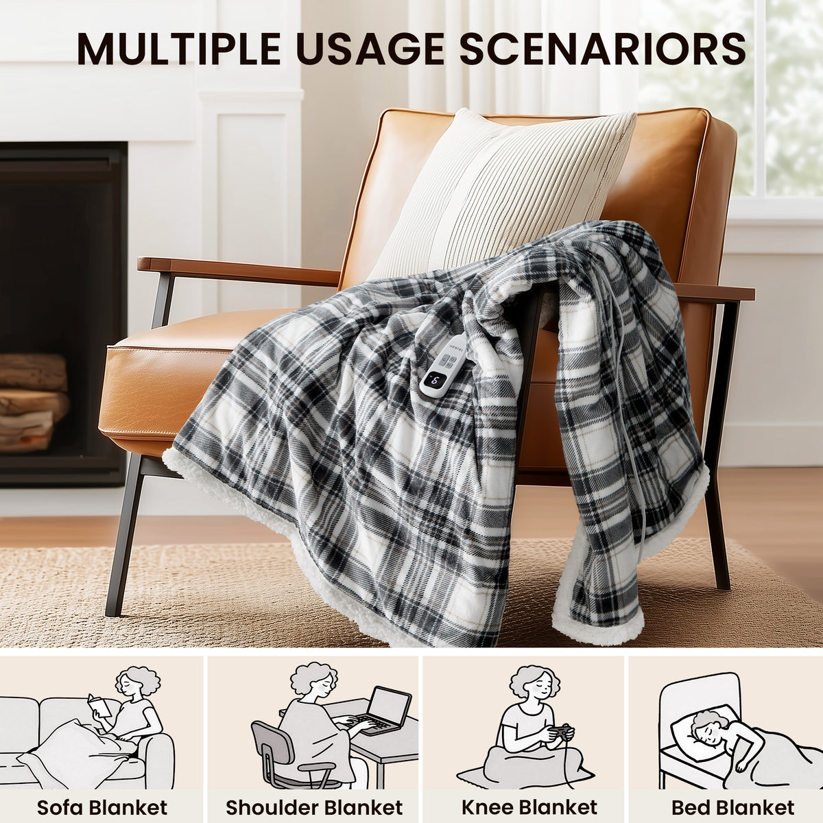 blunique - Ultra Soft Cozy Plaid Flannel - Fast Heated Blanket Electric Throw 50''x60''