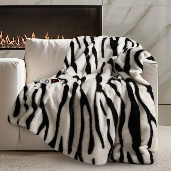 blunique - Luxury Faux Fur - Zebra Print - Fast Heated Blanket Electric Throw 50''x60'' - Blunique