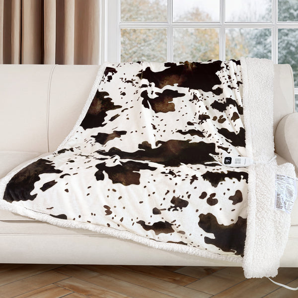 blunique - Cow Print - Fast Heated Blanket Electric Throw with Foot Pocket 50''x62'' - Blunique