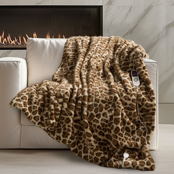 blunique Luxury Faux Fur Heated Blanket Electric Throw - Leopard Print 50''x60''