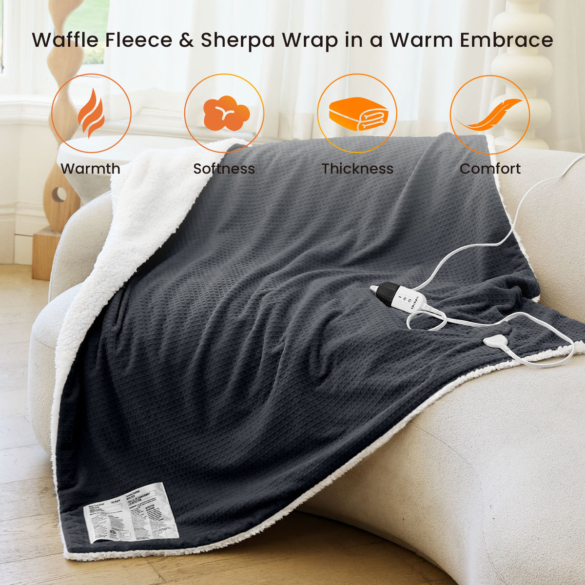 blunique - Waffle Sherpa Heated Blanket Throw 50x60inch