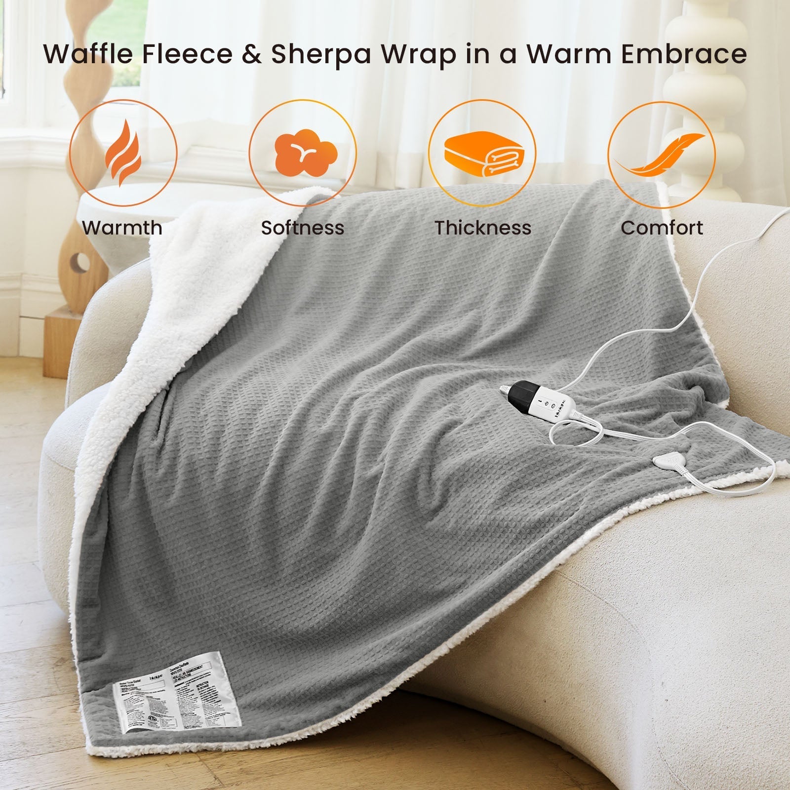 blunique - Waffle Sherpa Heated Blanket Throw Size - Blunique
