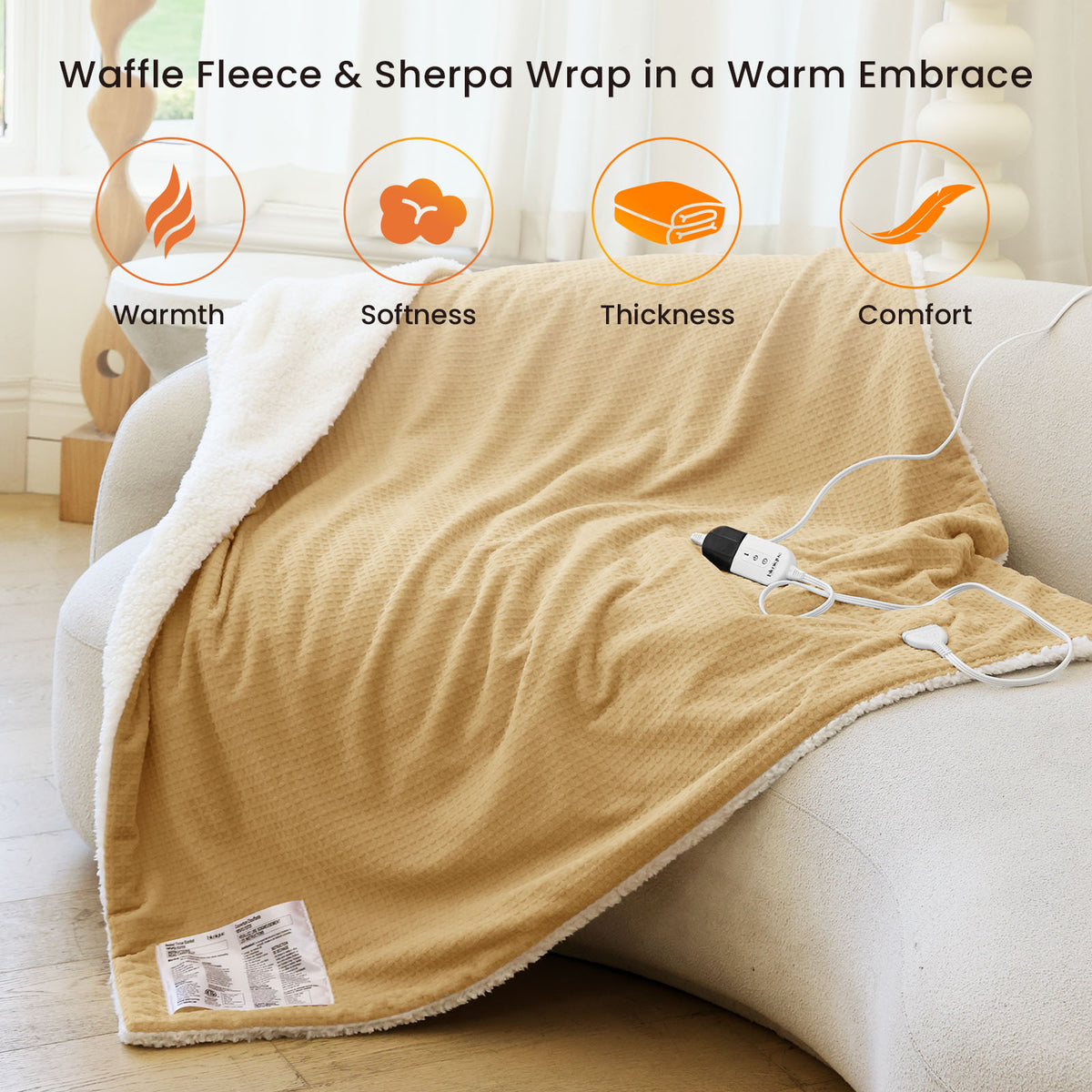 blunique - Waffle Sherpa Heated Blanket Throw 50x60inch