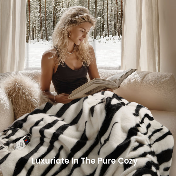 blunique Luxury Faux Fur Heated Blanket Electric Throw - Zebra Print 50''x60''