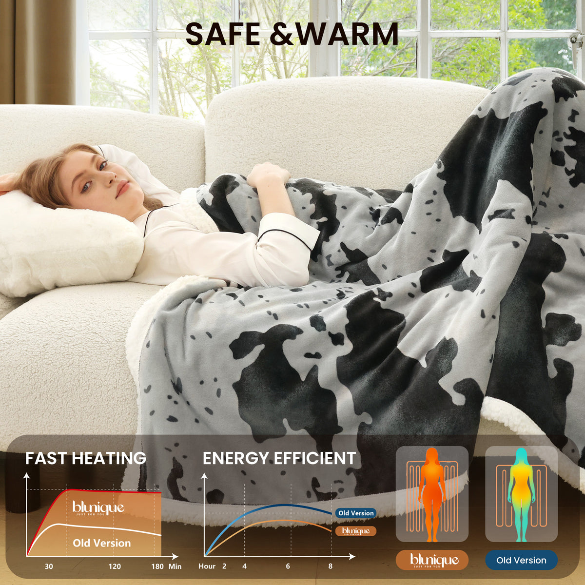 blunique - Cow Print Electric Heated Throw & Blanket