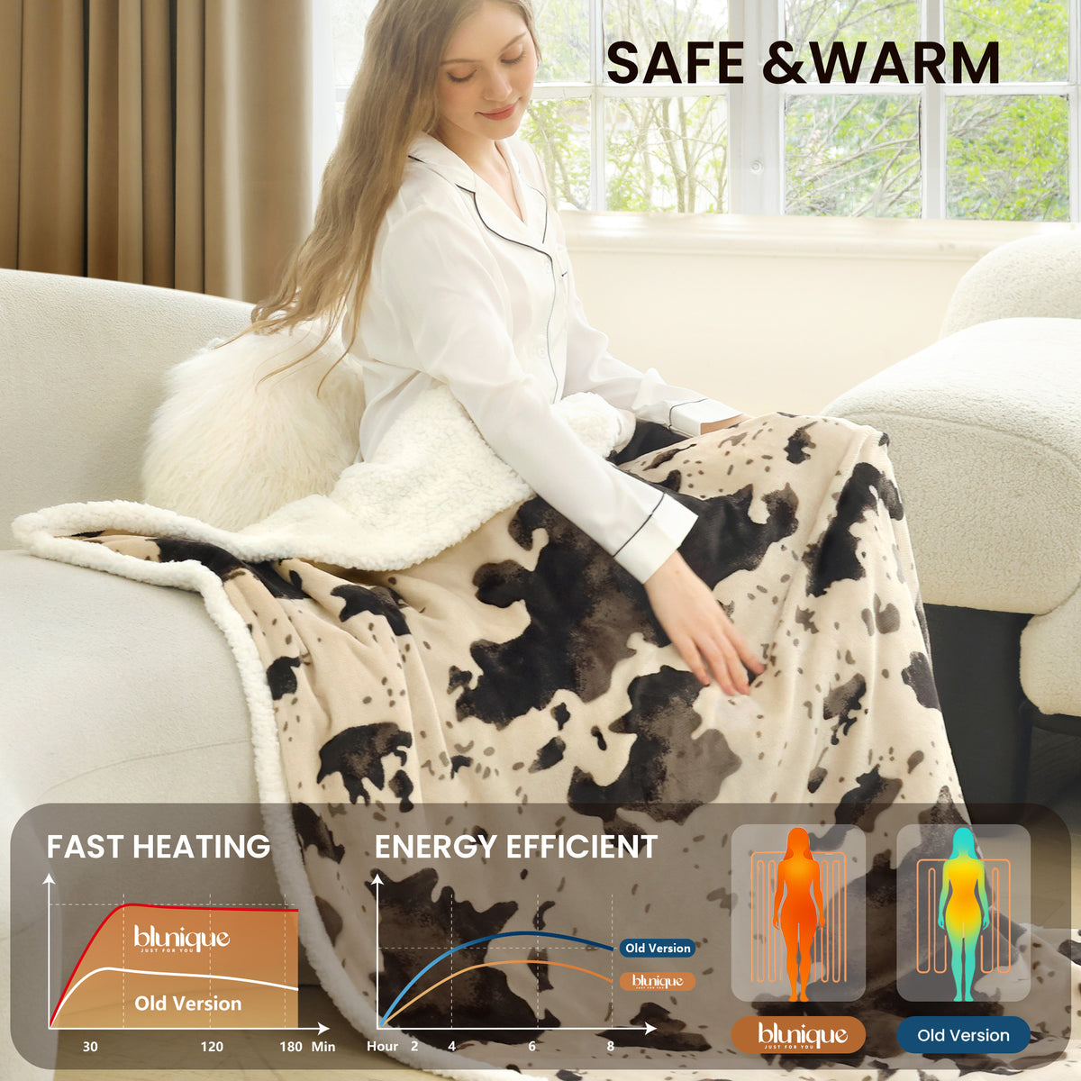 blunique - Cow Print Electric Heated Throw & Blanket