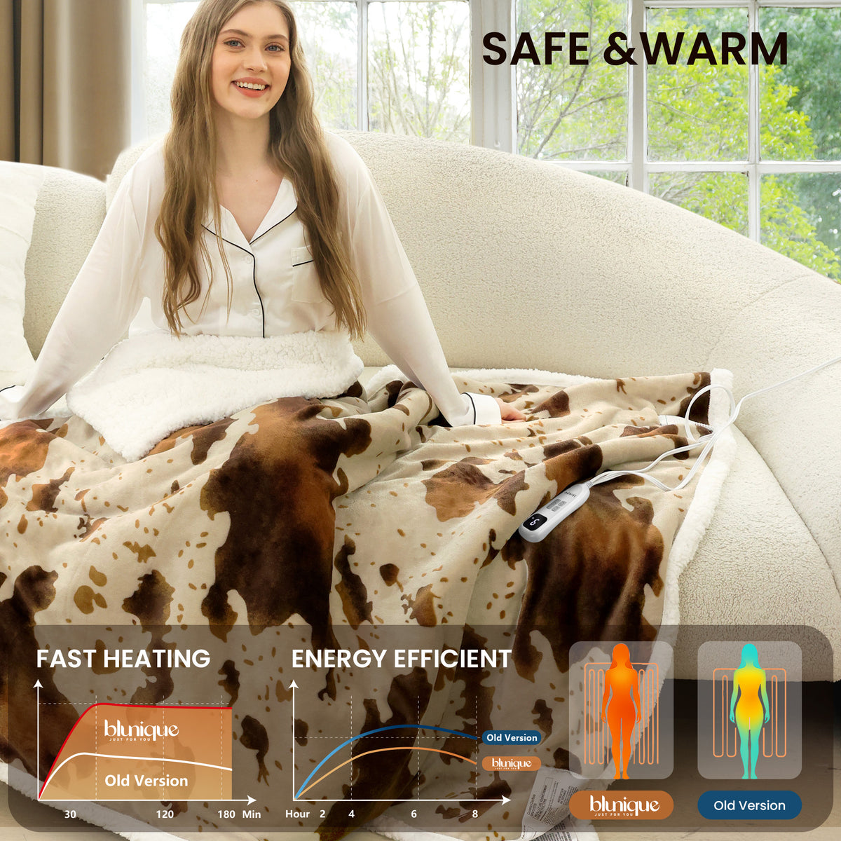 blunique - Cow Print Electric Heated Throw & Blanket