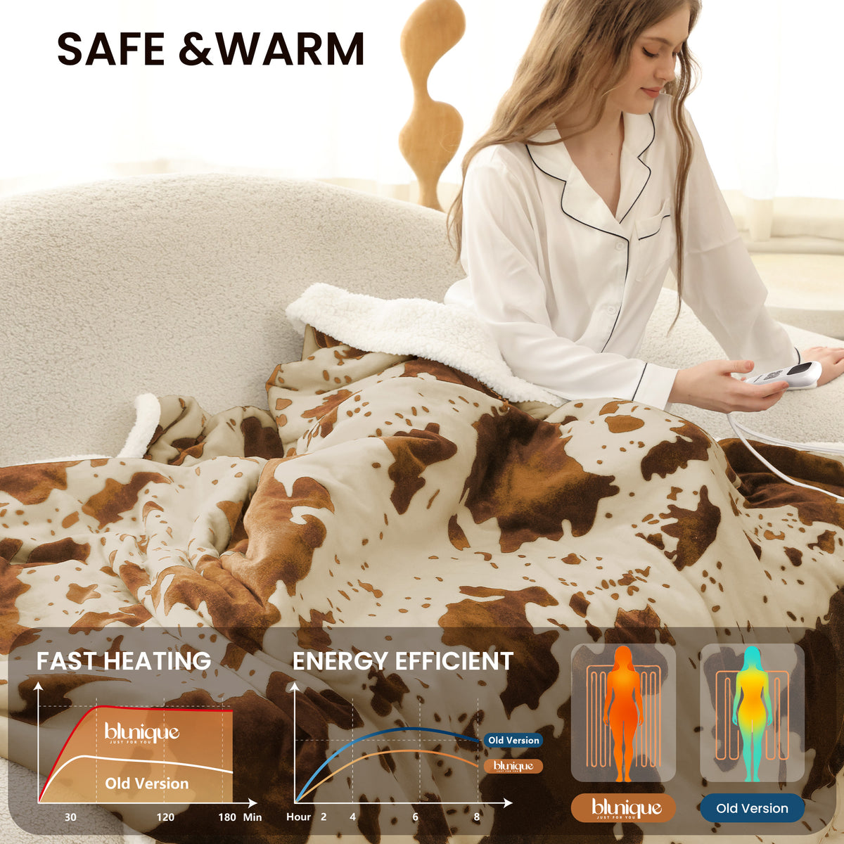 blunique - Cow Print Electric Heated Throw & Blanket