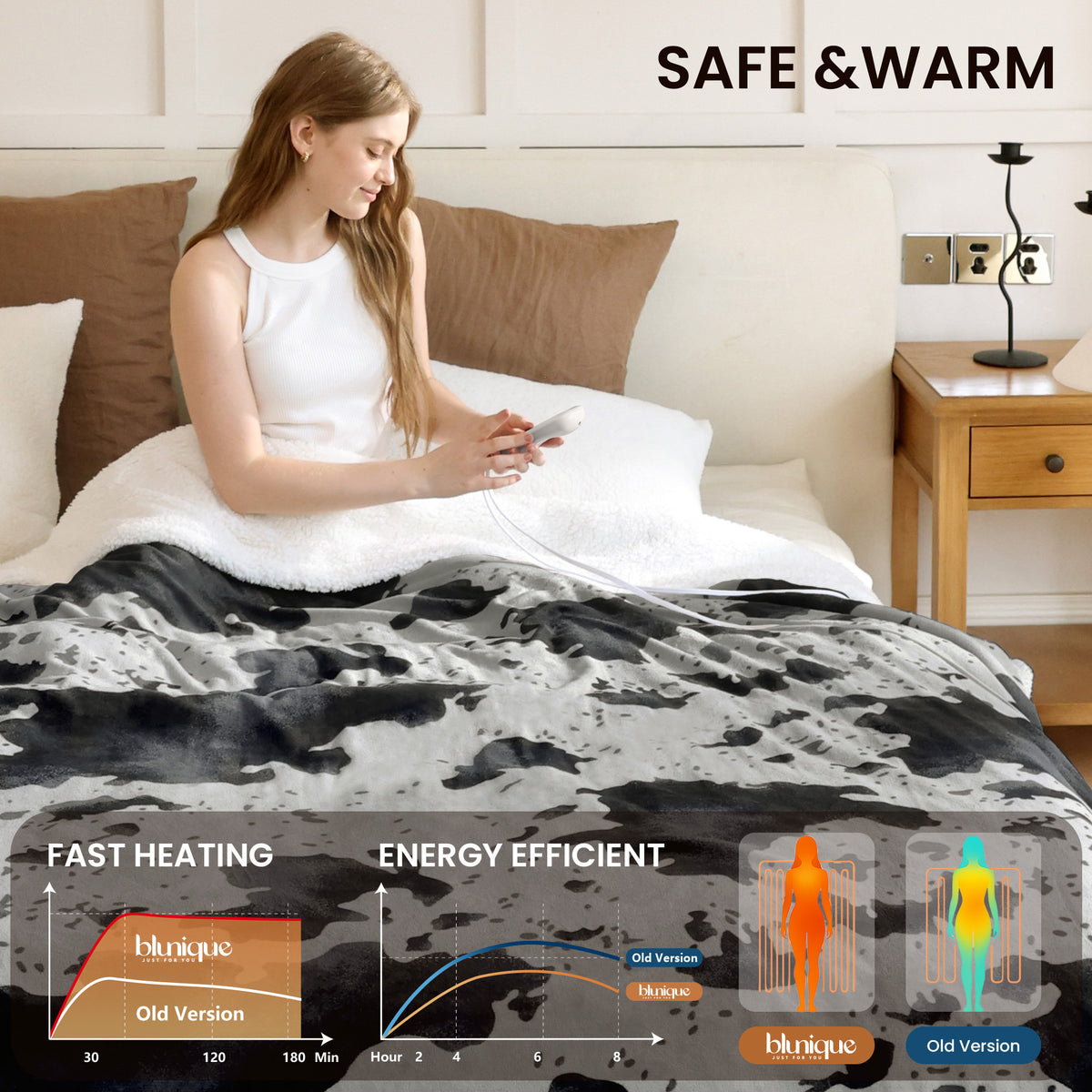 blunique - Cow Print Electric Heated Throw & Blanket