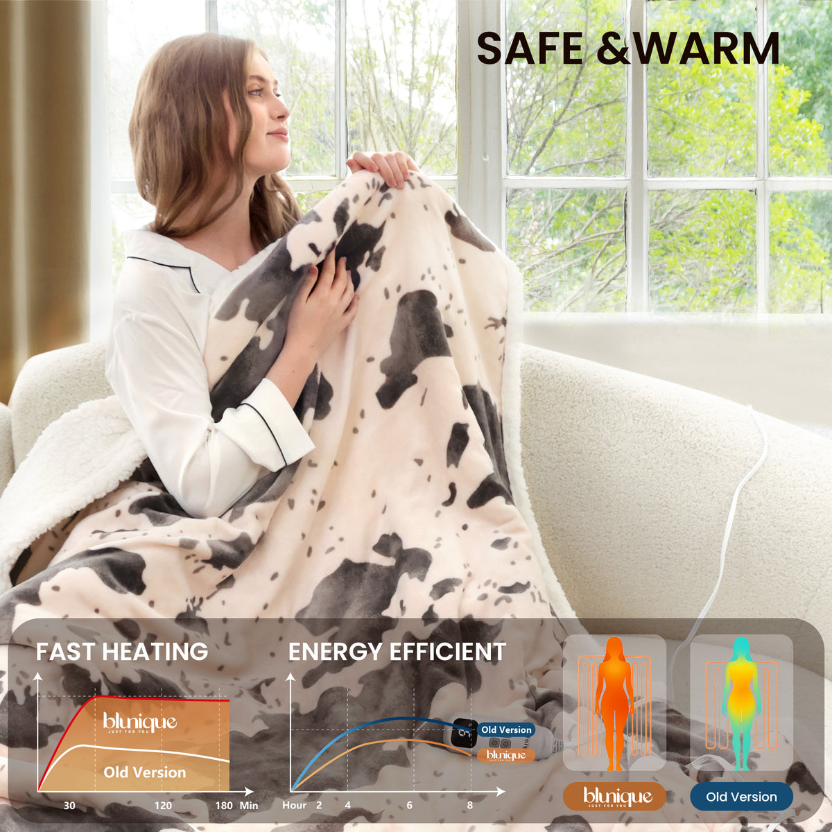 blunique - Cow Print Electric Heated Throw & Blanket