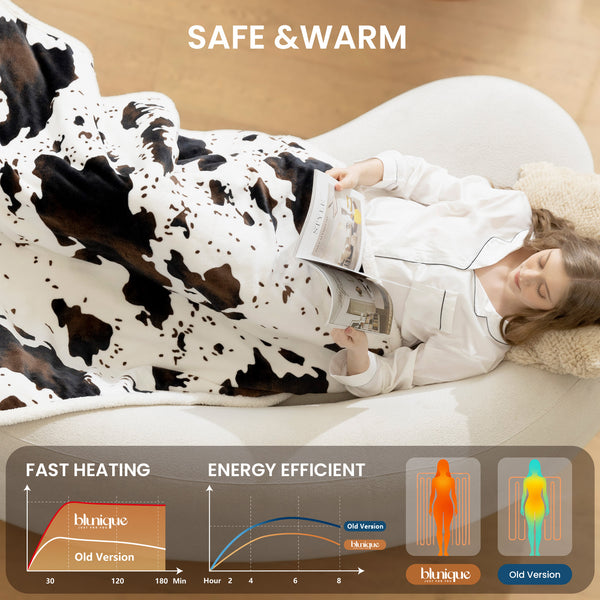 blunique - Cow Print - Fast Heated Blanket Electric Throw with Foot Pocket 50''x62'' - Blunique