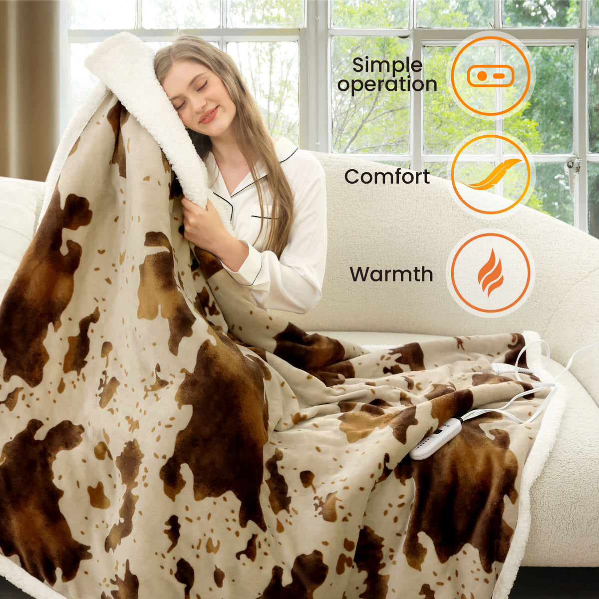 blunique - Cow Print Heated Throw Blanket 62x84inch