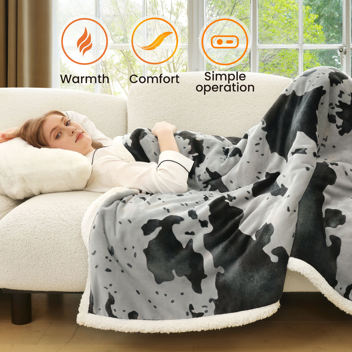 blunique - Cow Print Heated Throw Blanket 62x84inch