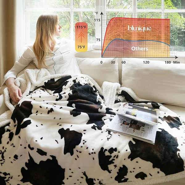 blunique - Cow Print Heated Throw Blanket 50x60inch