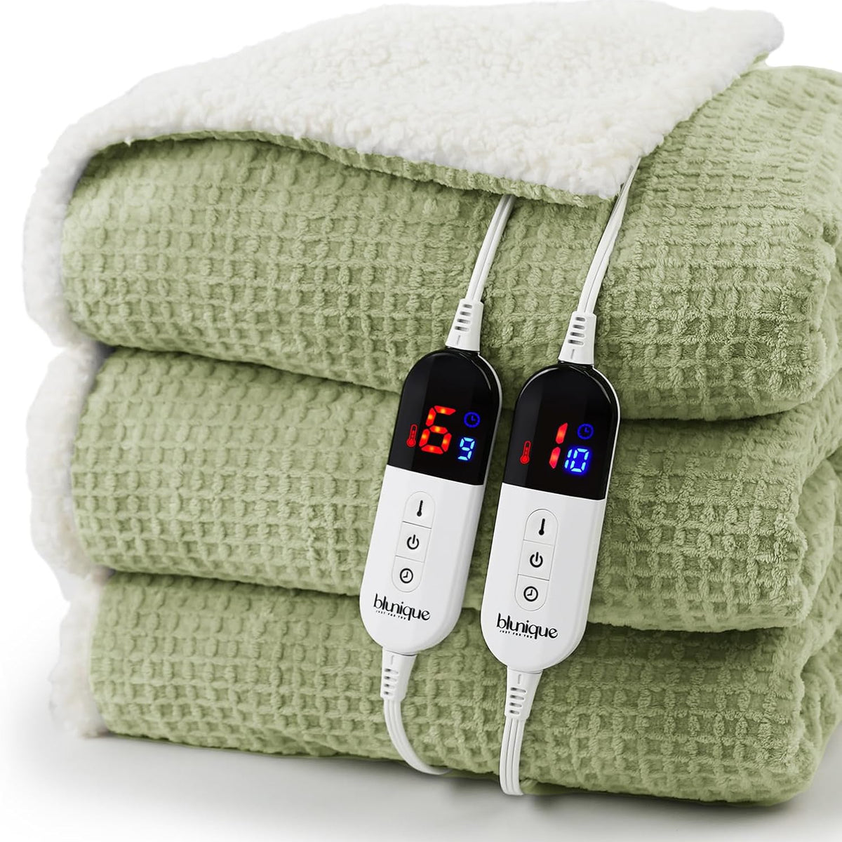 Heated Blanket Electric Throw Waffle, 50x60 Inches Sherpa Fleece Fast Heating Blanket 6 Heating Levels & 4 Hours Auto Off ETL Certification, Sage Green Throw