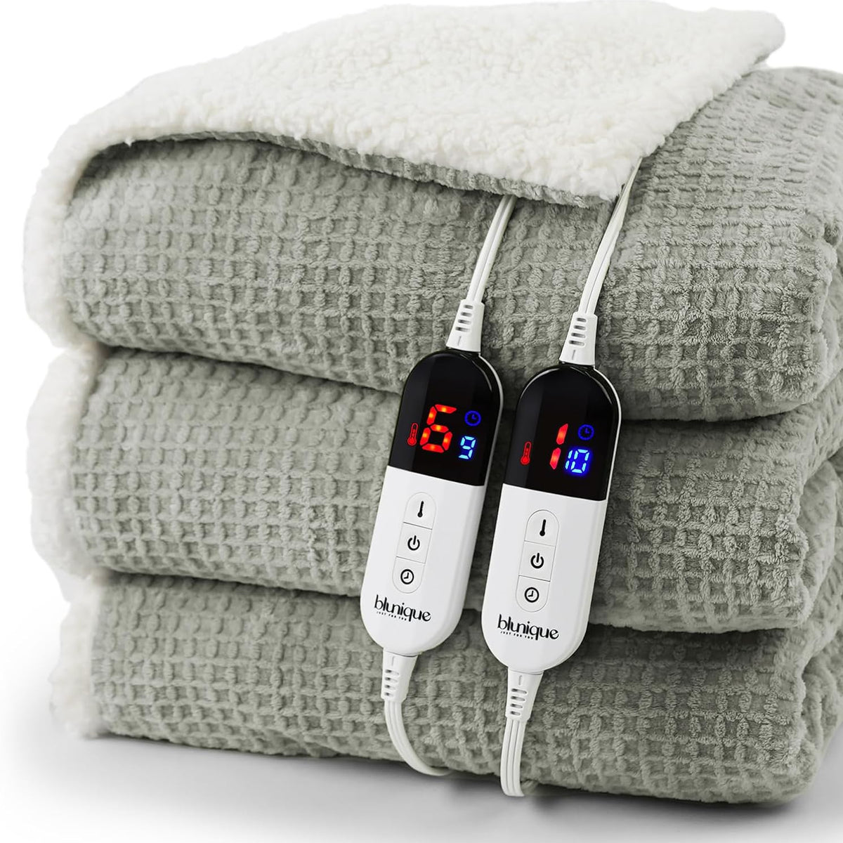 Heated Blanket Electric Throw Waffle, 50x60 Inches Sherpa Fleece Fast Heating Blanket 6 Heating Levels & 4 Hours Auto Off ETL Certification, Sage Green Throw