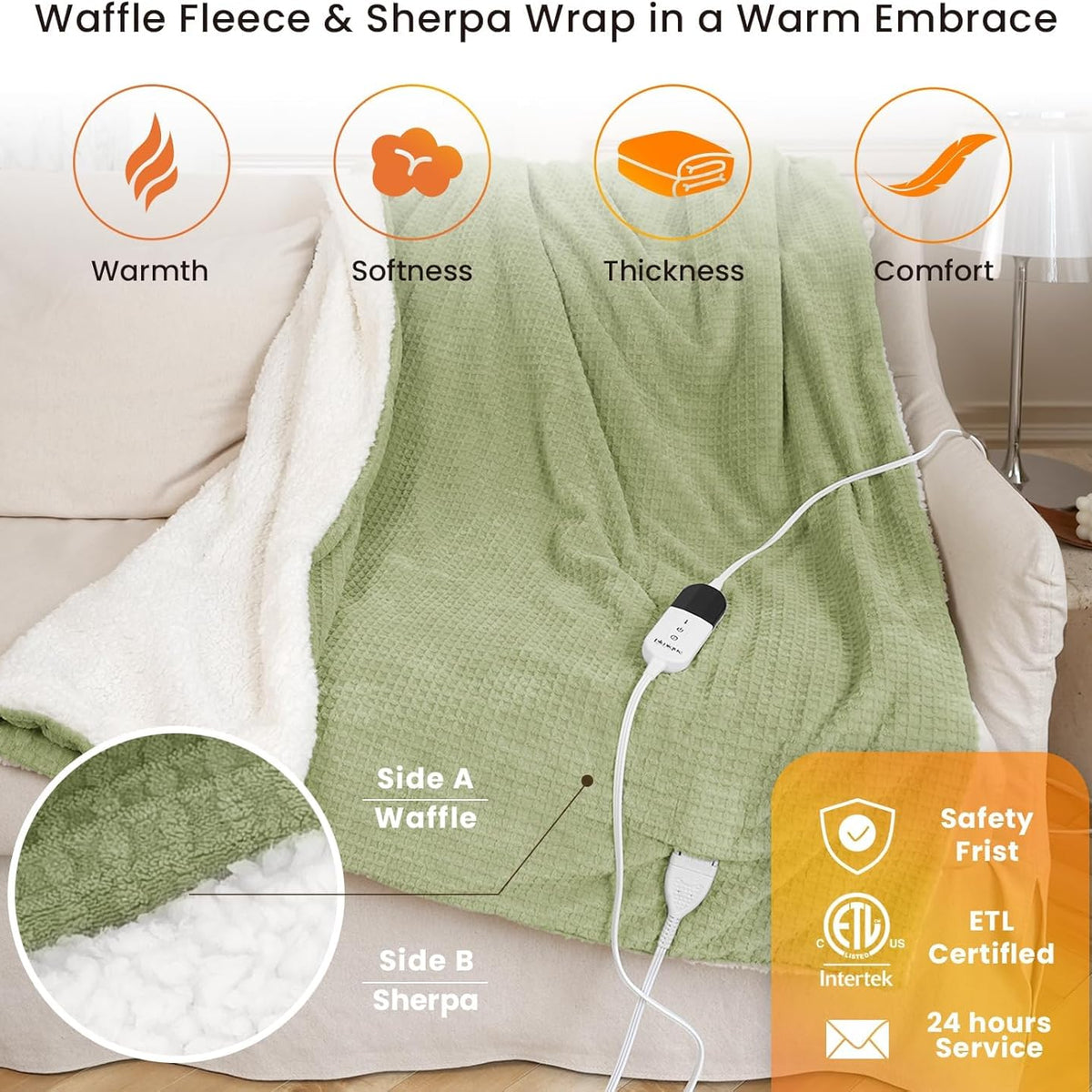 Heated Blanket Electric Throw Waffle, 50x60 Inches Sherpa Fleece Fast Heating Blanket 6 Heating Levels & 4 Hours Auto Off ETL Certification, Sage Green Throw