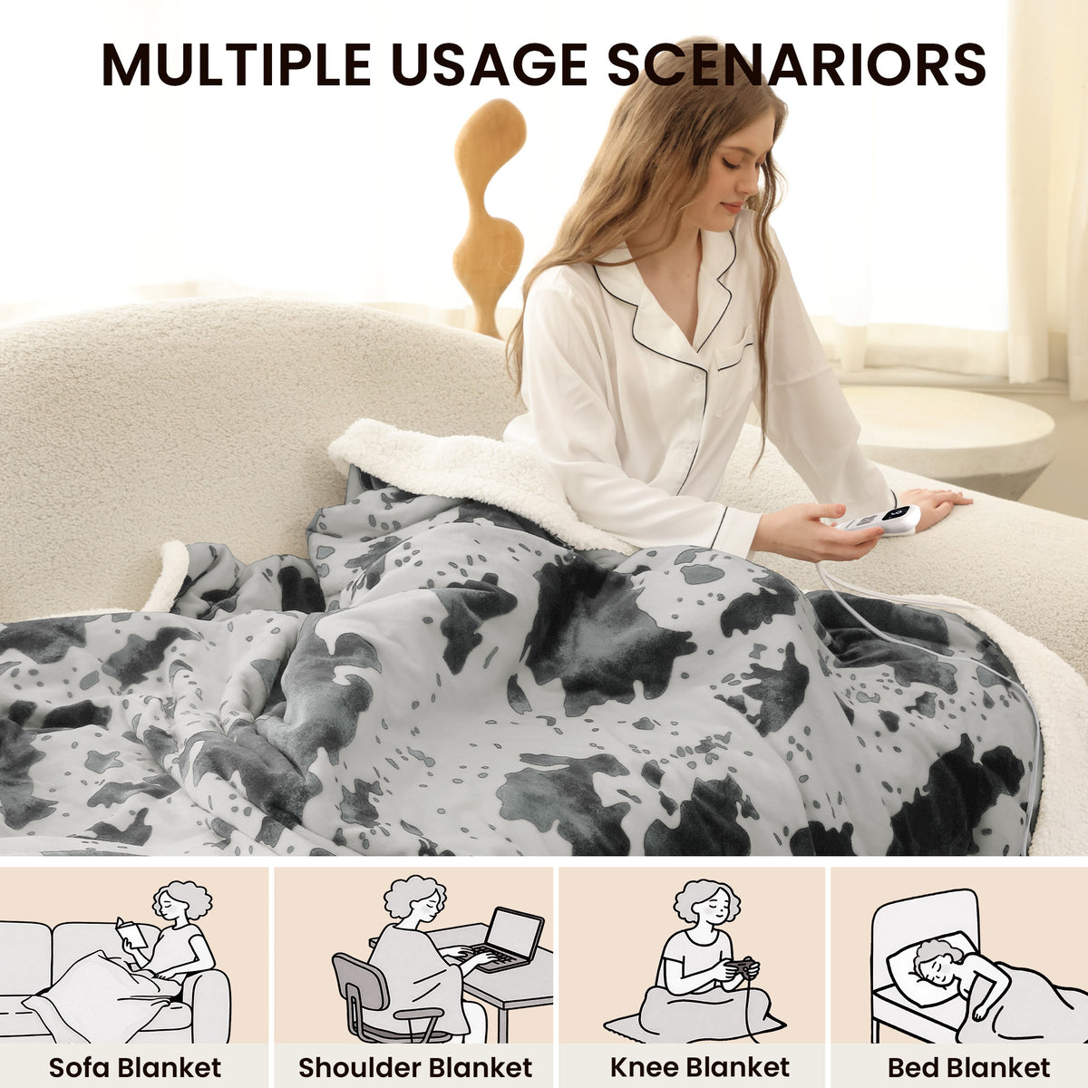 blunique - Cow Print Electric Heated Throw & Blanket