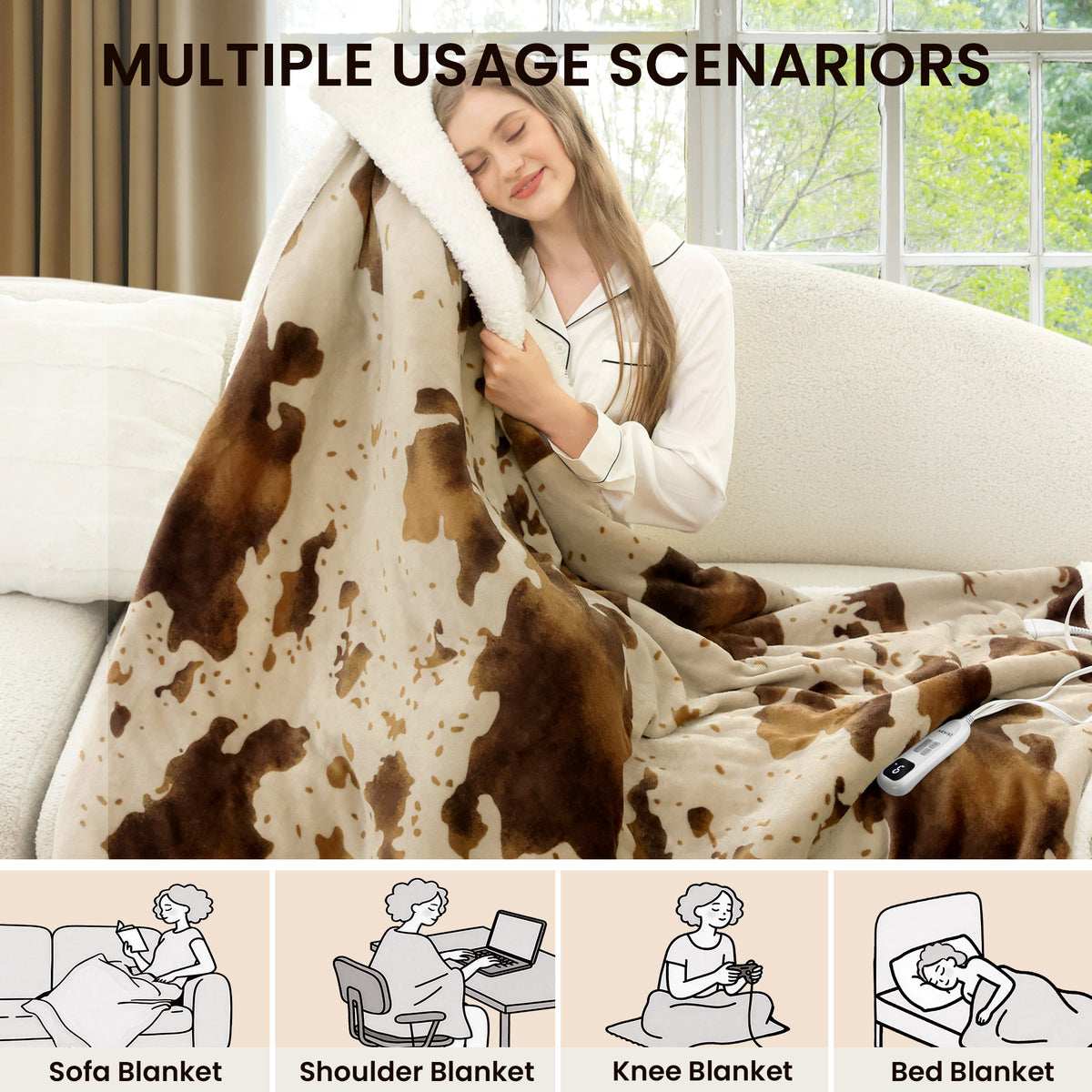 blunique - Cow Print Electric Heated Throw & Blanket