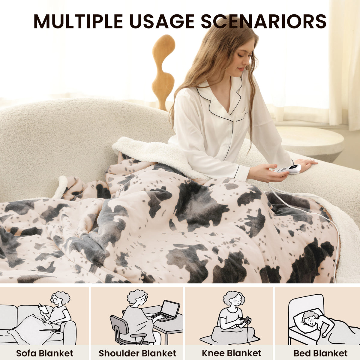 blunique - Cow Print Electric Heated Throw & Blanket