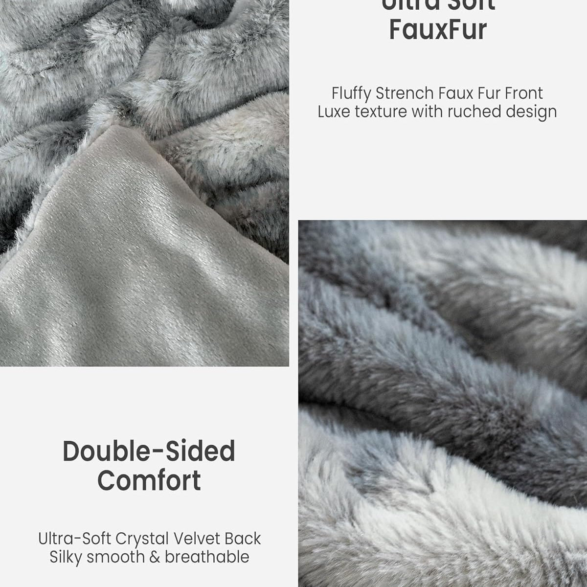 Faux Fur Blanket, Throw Blanket for Couch, Fluffy Blanket with Stretch Ruched Design, Ultra Soft Giftable Home Decor, 50x60 inches, Tie-Dyed in Gray