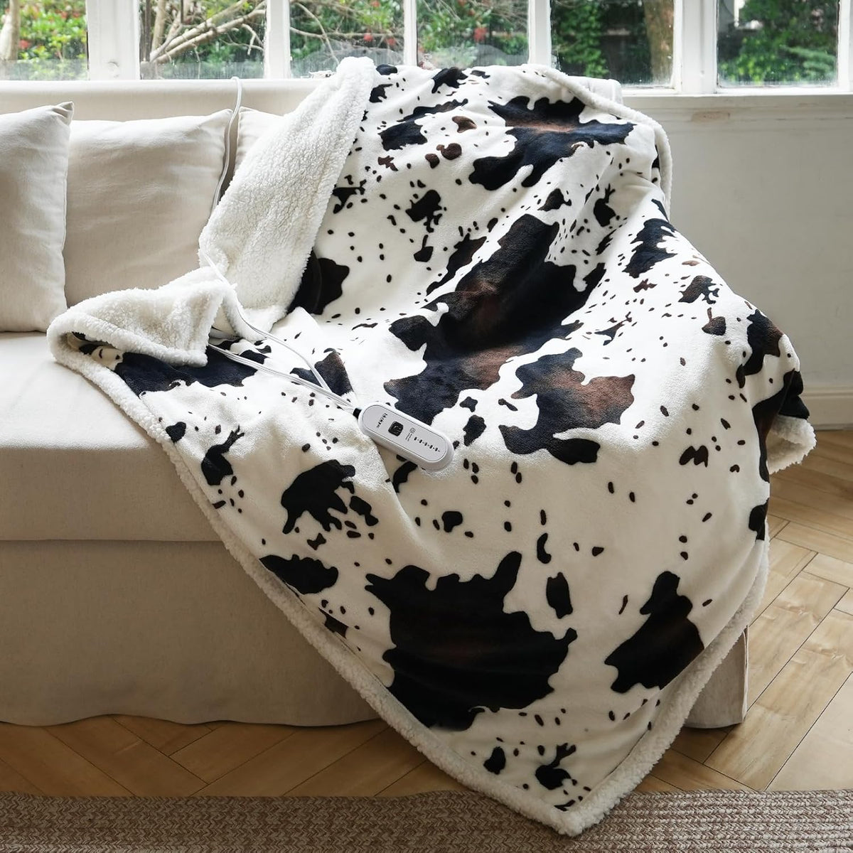 Cow Print Heated Throw Blanket Electric Blanket-Heating Blanket Throw with 5 Heat Levels & 4 Hours Auto-Off, Cozy Soft Fleece Sherpa, Washable, 50 x 60 Inches