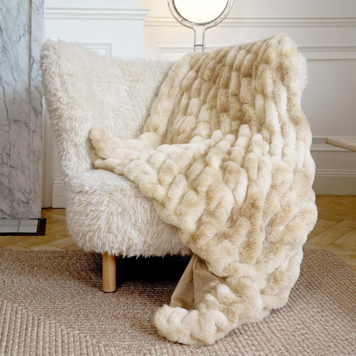 Faux Fur Blanket, Throw Blanket for Couch, Fluffy Blanket with Stretch Ruched Design, Ultra Soft Giftable Home Decor, 50x60 inches, Tie-Dyed in Gray