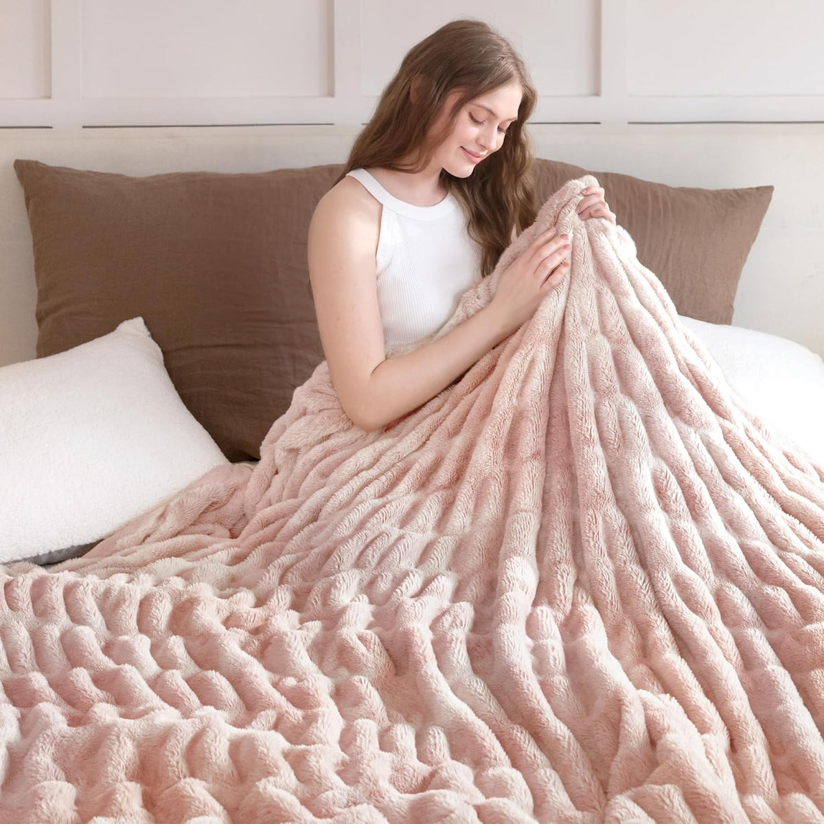 Faux Fur Blanket, Throw Blanket for Couch, Fluffy Blanket with Stretch Ruched Design, Ultra Soft Giftable Home Decor, 50x60 inches, Tie-Dyed in Khaki