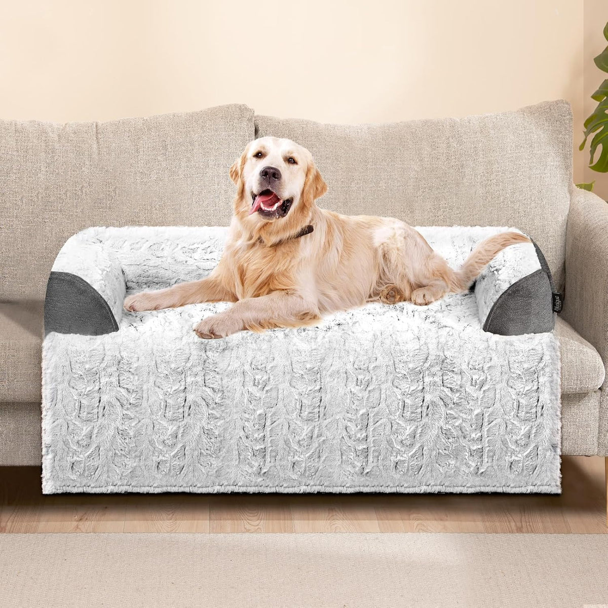 Calming Dog Couch Bed for Large Dogs, 41 x 37 inch Waterproof Removable Dogs Mat Couch Cover for Furniture Protector, Non-Slip Fluffy Pelsbarn Dog Bed for Couch, Sofa, Outdoor - Tie-Dye Khaki